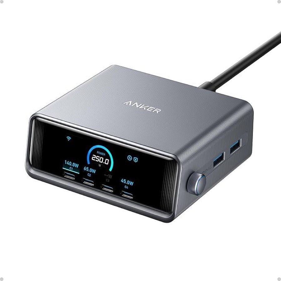 Anker Prime Charging Station, 250W 6-Port GaN USB C Charger, 2.26" LCD Smart Display Control, Compatible with iPhone, Galaxy, MacBook, Dell for Home Office, Desk Accessories
