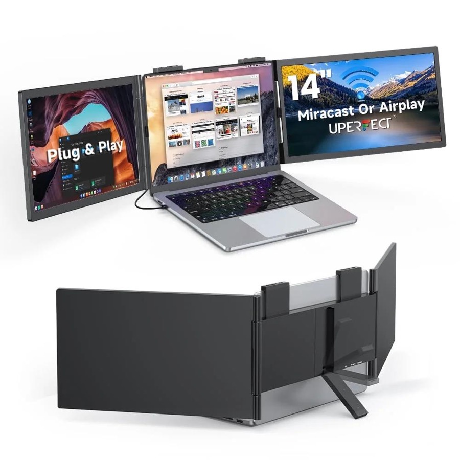 UPERFECT 14" Dual Laptop Screen Extender Triple Monitor Display via One USB-C Cable, 1080P FHD IPS Portable Monitor for 14-16.5" Laptops, Compatible with Mac/Windows, HDMI & Miracast